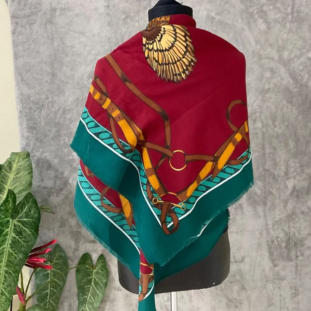 VTG Large Square Scarf Shawl Wrap Phesants/ horse Bit 45”x45”  Fringe